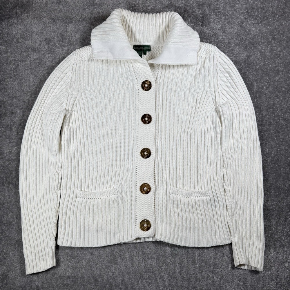 Vintage Lauren Ralph Lauren Cardigan Women's Large White Ribbed Knit Cotton